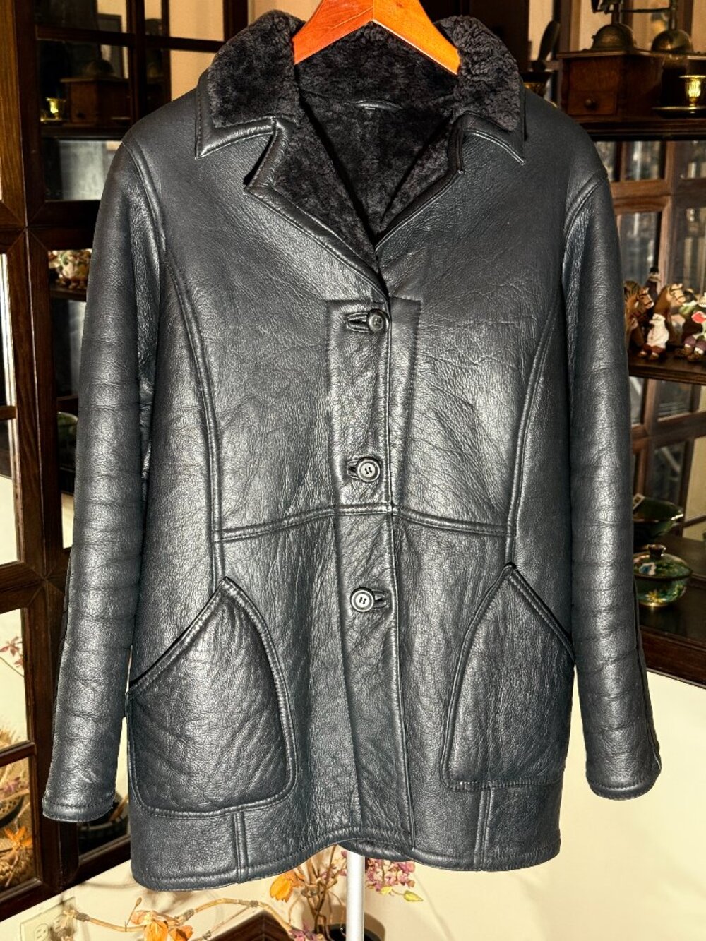 Vtg Genuine Shearling Black Leather Women's Coat Fur Collar Warm Size S